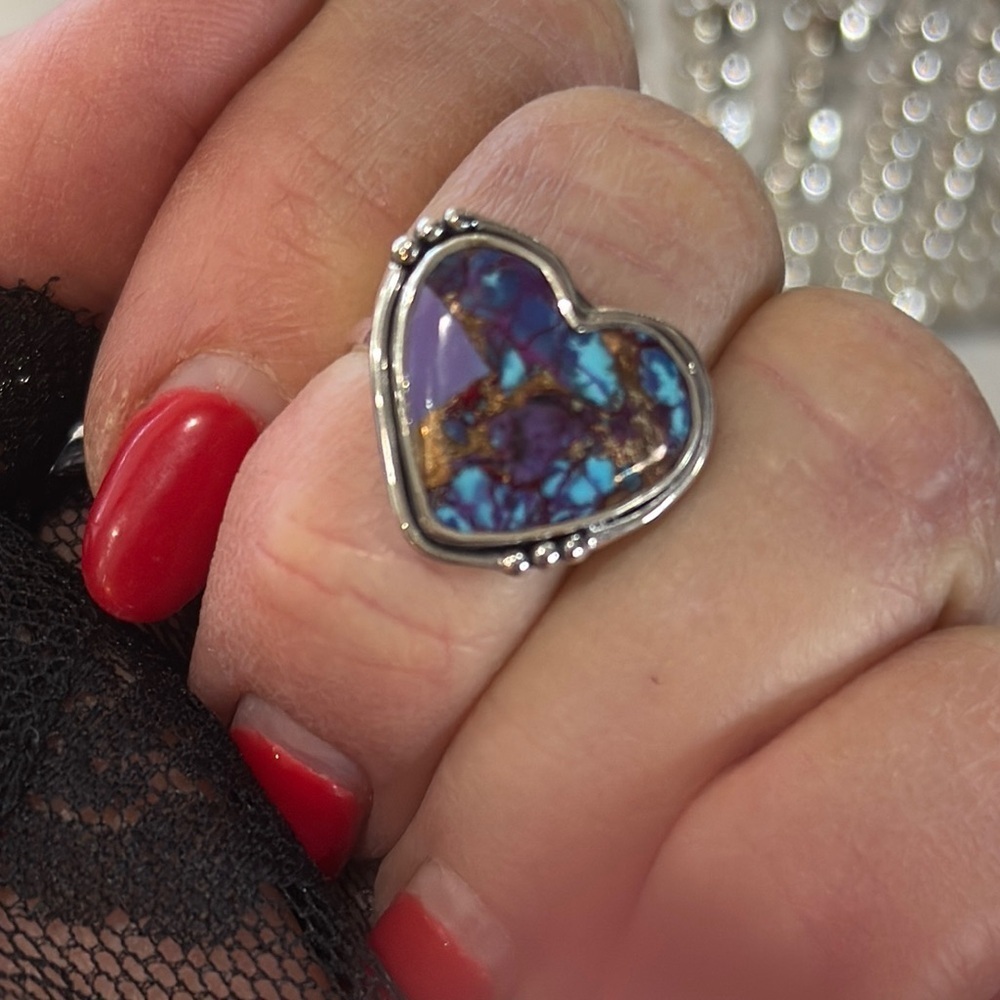 New Blue purple copper, turquoise, genuine, sterling silver ring, Heart-Shaped